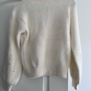 Philosophy Cream Fuzzy Crewneck Sweater with Sleeve Pearl Studs
